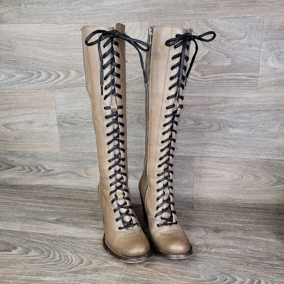 $599 Frye Julia Tall Lace Up Tan Beige Real Leather Military Zip Up Heeled Boots - Picture 13 of 14